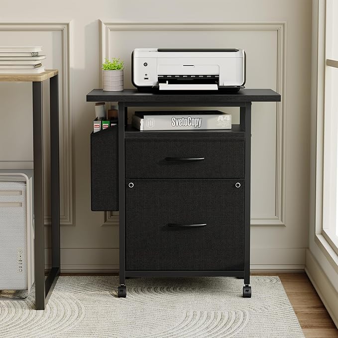 DUMOS 2 Drawer Mobile File Cabinet, Fabric Filing Cabinet with 24'' Desktop,Small Office Drawers Under Desk Fits A4/Letter Size, Rolling Printer Stand with Storage Side Bag for Home Office, Black