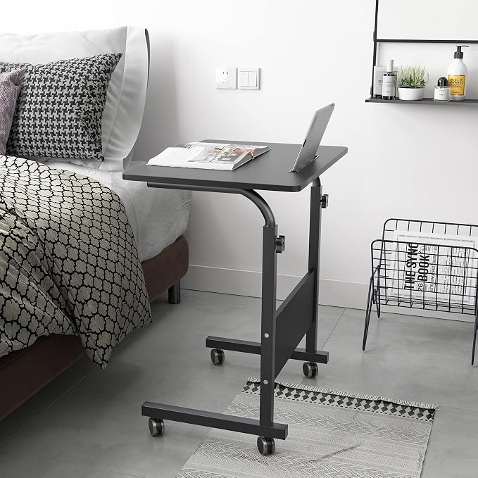 DlandHome Rolling Laptop Desk Stand Up Adjustable Mobile Laptop Desk, 23.6 Inches Medium Size Side Table, Movable w/Tablet Slot & Wheels, Portable Stand for Bed Sofa Black