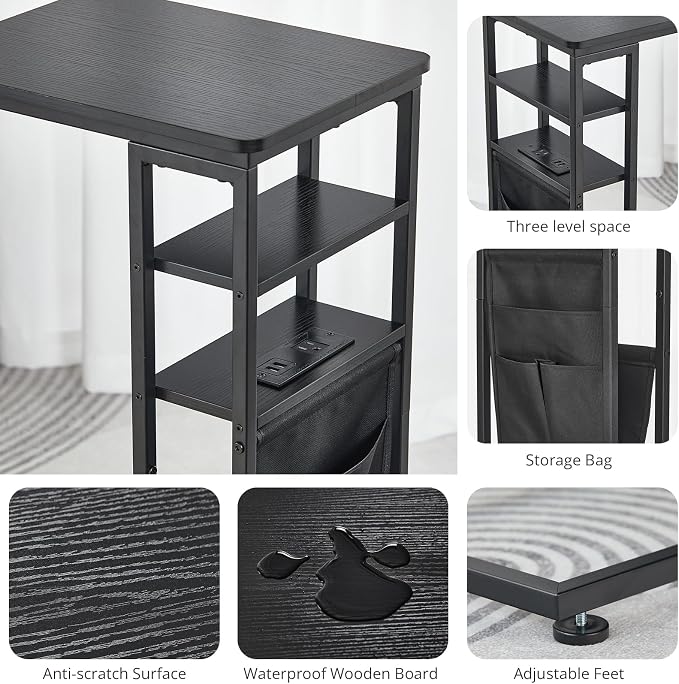C Shaped End Table with Charging Station, 28"(H) 3-Tier C Table with Storage Bag, Under Couch Table C-Shaped End Table with Storage Shelves and Bag for Living Room, Bedroom, or Office