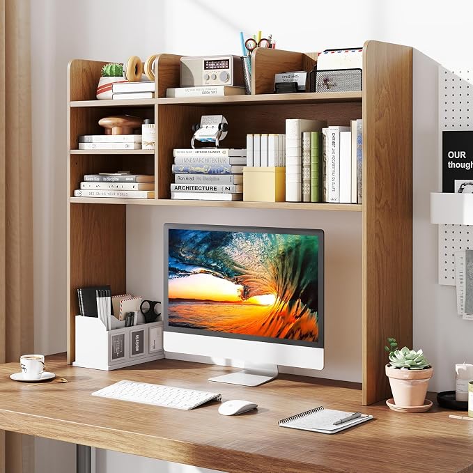 Giantex Desktop Bookshelf, 37" Desk Hutch Dorm for Computer Up to 32 Inch, Countertop Hutch w/6 Storage Shelves, 3-Tier Desktop Organizer Display Rack, Wood Desk Shelf for Home Office (Natural)
