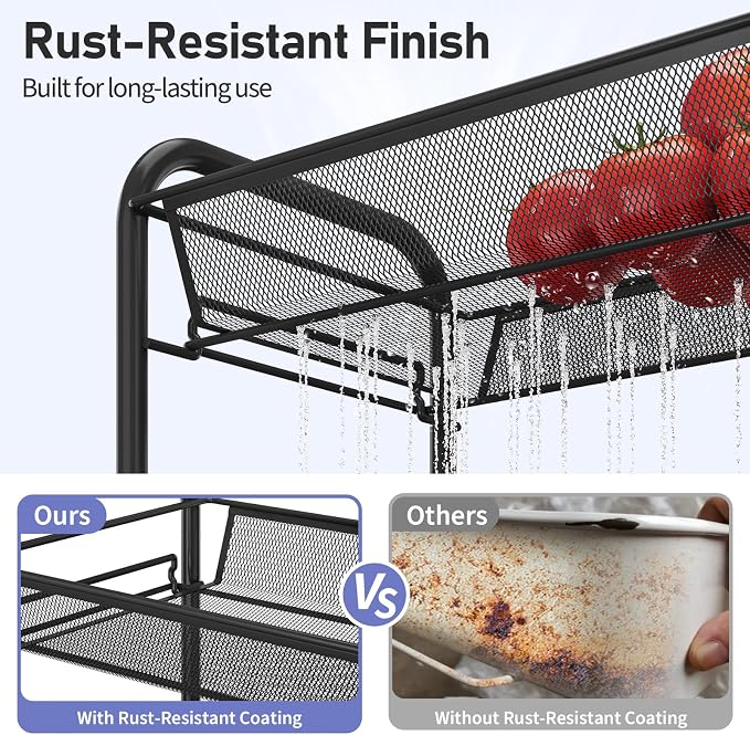 TOOLF 3-Tier Metal Rolling Cart, Mesh Wire Easy Assemble Utility Cart, Storage Trolley on Wheels with 3 Hooks, MetalStorage Shelving Units for Kitchen Bathroom Laundry Room