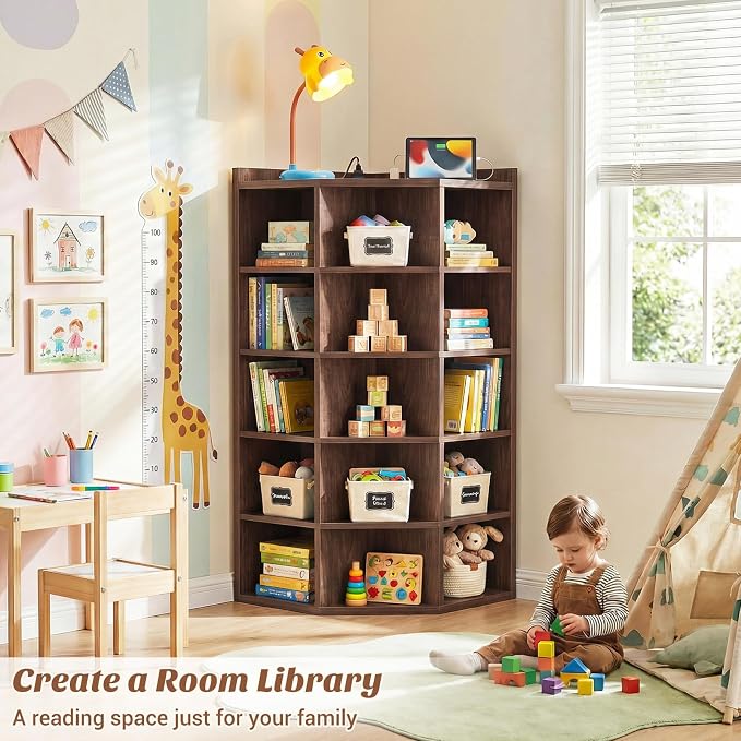 Aheaplus 6-Tier Corner Cube Bookshelf with Power Outlets, Wooden Corner Storage Cabinet with 15 Cubes, Corner Cube Organizer Shelf with Top Table, L Shaped Cubby Bookcase for Home Office, Black Walnut