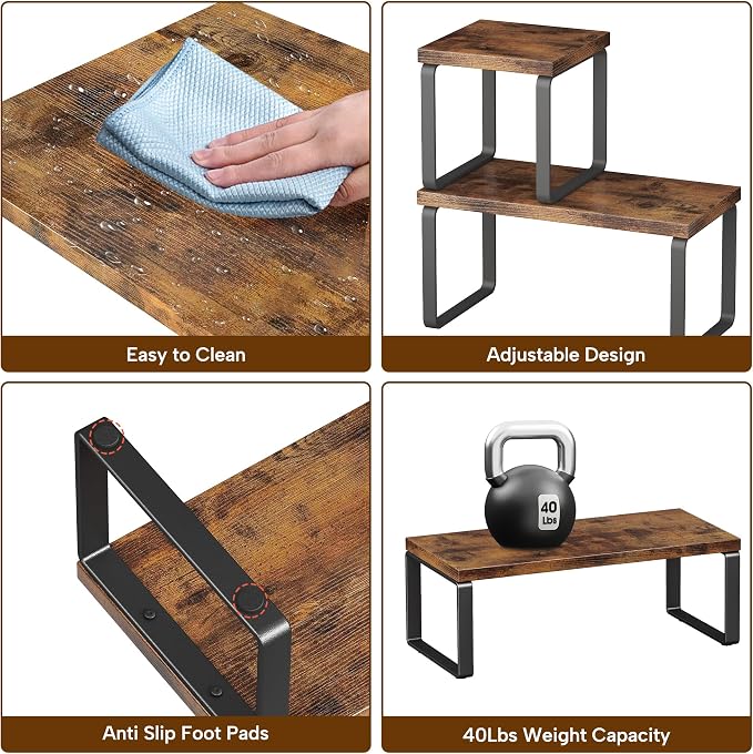 2 Sets Wooden Desktop Organizer Shelf, 2-Tier Adjustable Freestanding Bookshelf Desk Shelf, Stackable Desk Organizer for Office, Dorm, Bedroom, Space Saving, Easy Assembly, Rustic Brown (2 Pack)