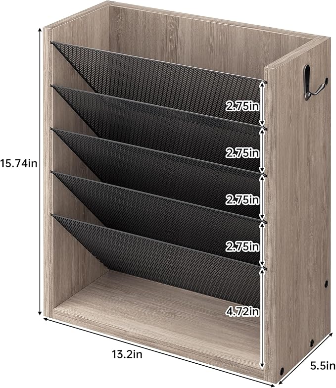 Creso hom Mail Organizer Wall Mounted, Mail Sorter with 2 Key Hooks, 6-Slot File Organizer for Wall or Desk, Wood Letter Holder Envelopes Bills Accessories for Home Office, Greige