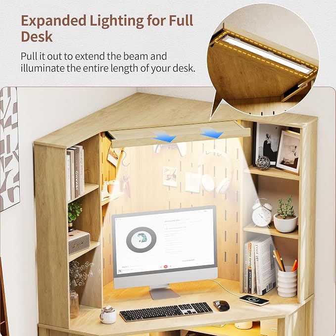 Corner Desk with Shelves-&LED Reading Light,Triangle Home Office Desk w/Charging Station for Work & Study,File Cabinet Storage Bookshelf for Small Space （Natural Wood）