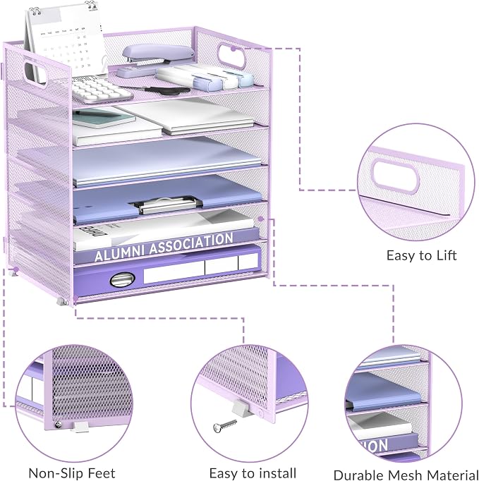 Daltack 6 Tier Paper Organizer for Desk, Paper Letter Tray Organizer for Desks, Mesh Desk File Organizers with Handle for Office, Home, School, Purple