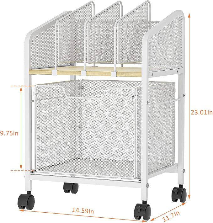 Tiaoheka Rolling File Cabinet with Adjustable Dividers, Mobile Filing Cabinet with Storage Drawer on Lockable Wheels, Hanging File Organizer Beside Under Desk for Office, Home, White（Patent Pending）