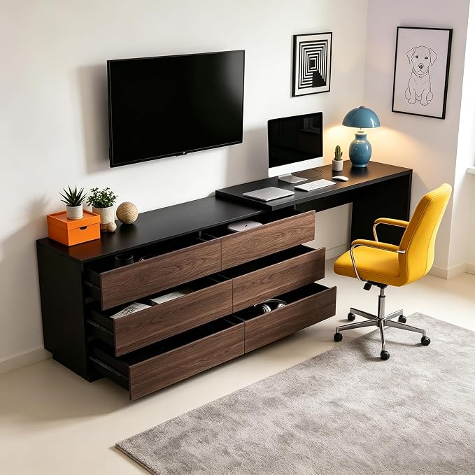 Retractable L-Corner Computer Desk with 6 Organizer Drawers for Games, Make-up, Home Office, Walnut