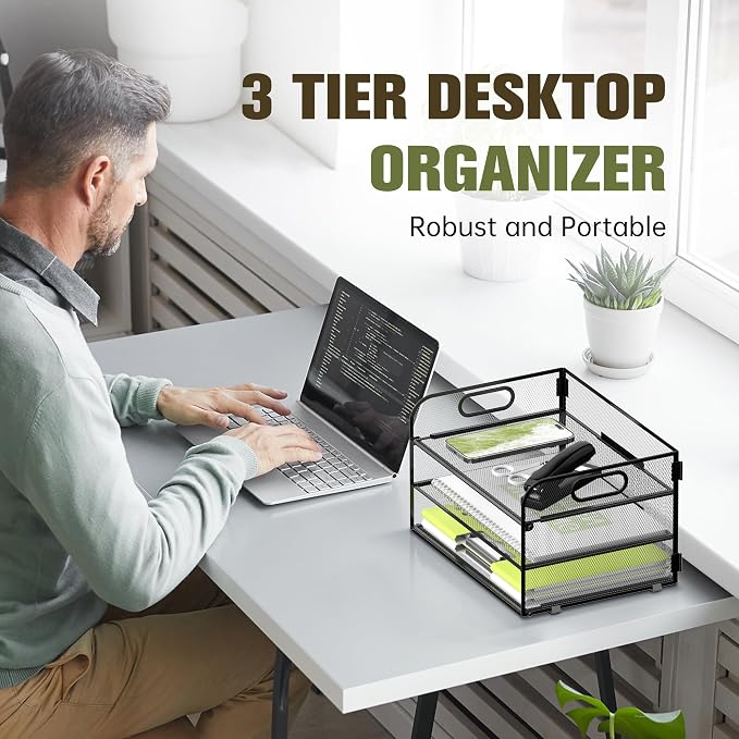 DALTACK 3 Tier Paper Organizer with Handle, Mesh Metal Desk Organizer with Sliding Paper Trays for Letter/A4 Paper, Mail, Bills & Folders, Black