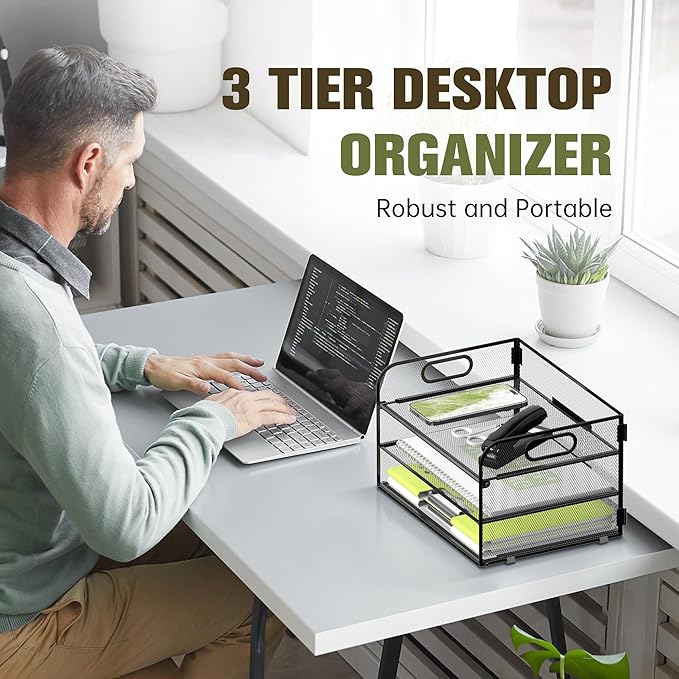 DALTACK 3 Tier Paper Organizer with Handle, Mesh Metal Desk Organizer with Sliding Paper Trays for Letter/A4 Paper, Mail, Bills & Folders, Black 2 Pack