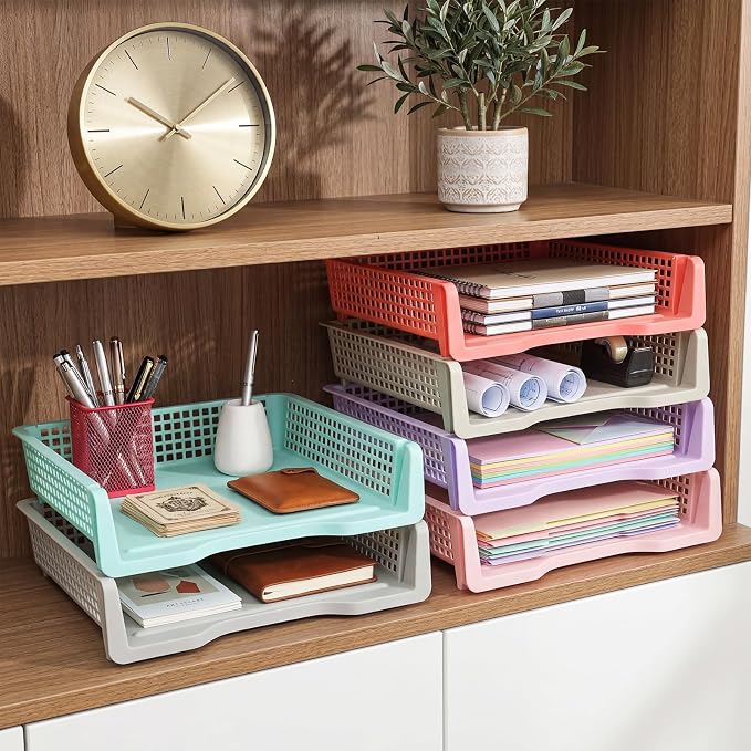 Tenceur 6 Pcs Turn in Trays Classroom, Stackable Tray for Classroom Plastic Storage Baskets Teacher Organizers for Library Drawers Office Desk (Trendy,Macaron Colors,13.3 x 9.5 x 2.7 Inches)