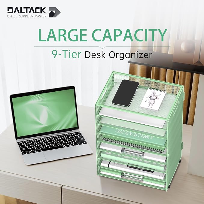 DALTACK 9-Tier Paper Organizer for Desk, Mesh Letter Tray Desk Organizer with Handles, Space-Saving File Organizer for Office Home School Classroom, Mint Green, 2 Pack