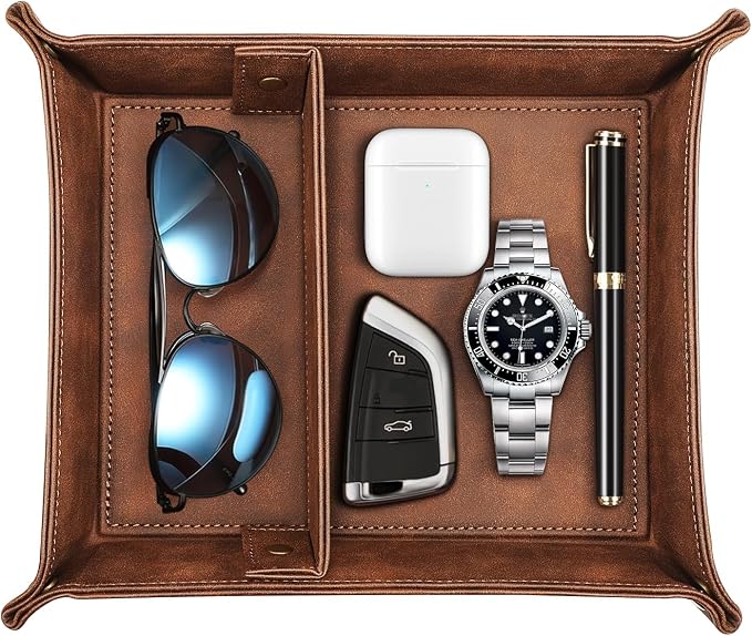 SITHON Valet Tray Desktop Storage Organizer, Removable 2 Compartments Catchall Tray Bedside Vanity Nightstand Caddy Holder Desk Storage Plate, Graduation, Brown
