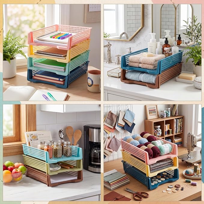 Weysat 12 Pcs Turn in Trays Classroom, Stackable Paper Tray for Classroom Organization Plastic Desk File Organizer Bin Basket for Library Drawer Teacher Office Document Storage (Morandi Tones,Narrow)