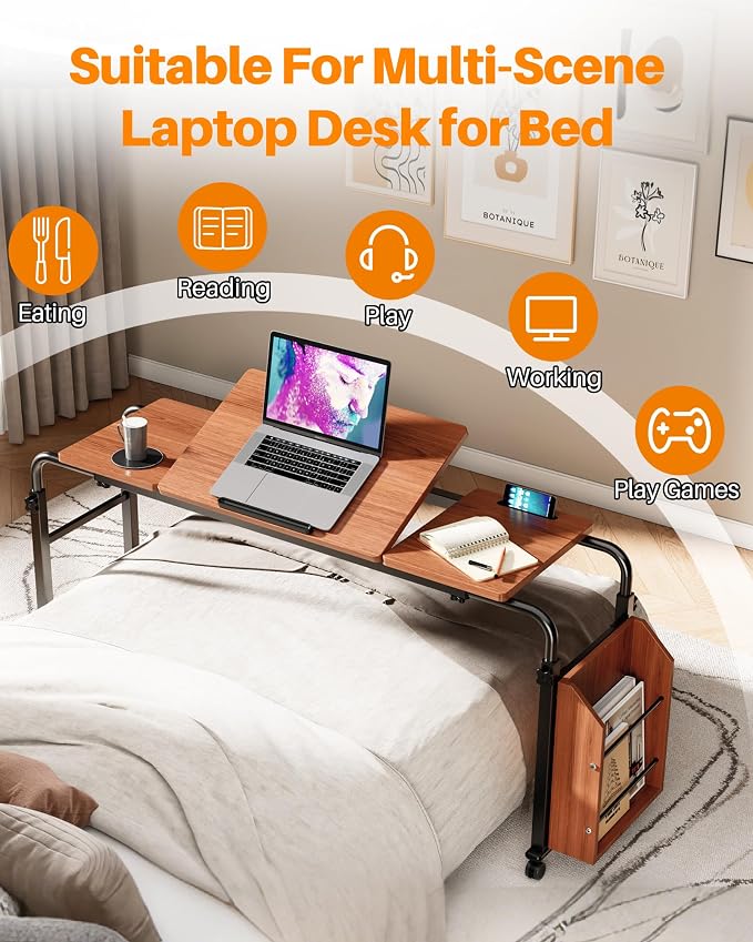Laptop Desk for Bed,6-Angle Adjustable Overbed Table with Wheels,Adjustable Height and Length Bed Table for Laptop with Side Bookshelf,Standing Desk,Over Bed Desk for Working Hospital Home (Oaken)