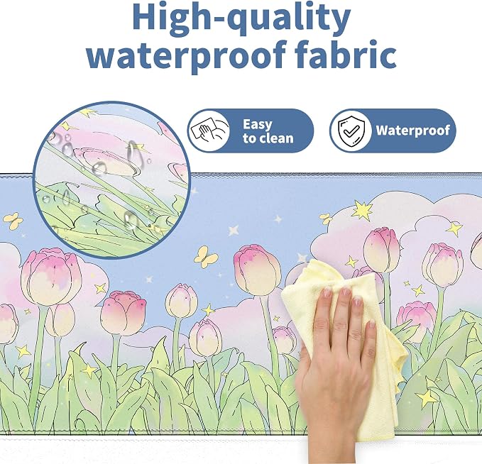 Kawaii Flower Mouse Pad Large Desk Mat Extended Keyboard Mouse Pad Cute XL Mousepad with Non-Slip Base and Stitched Edge Plant MouseMat Desk Pad 31.5 x 11.8 in Mouse Pads for Desk Home Office Gaming