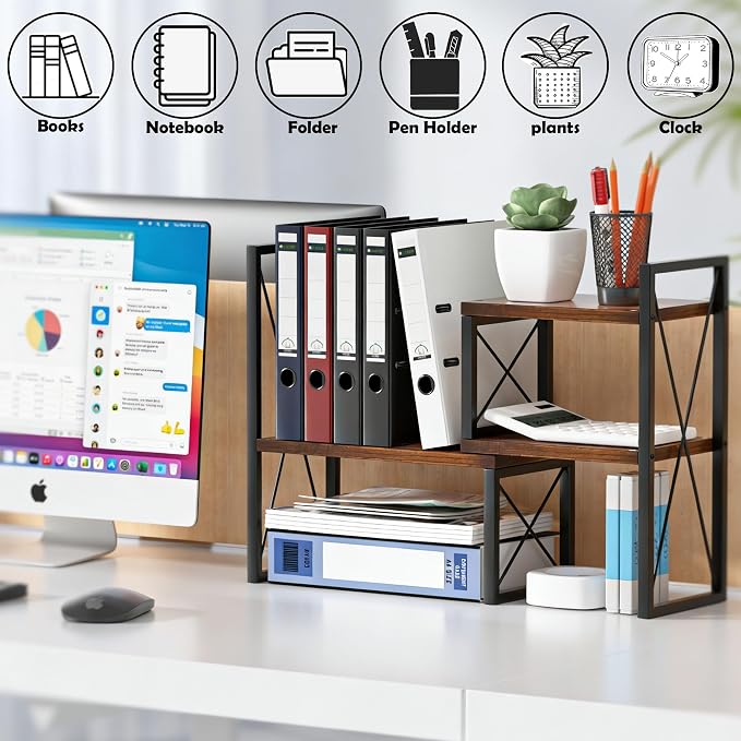 Expandable Desktop Shelf Organizer, 2 Tier Wood Desk Shelf for Office, Metal Corner Bookshelf, Countertop Storage Rack (Brown)