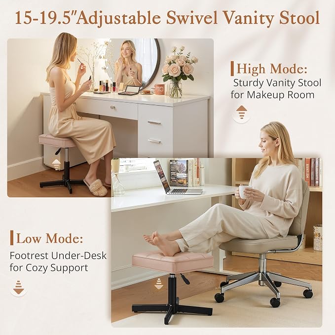 LUE BONA Adjustable Vanity Stool, 15''-19.5'' Foot Rest Under Desk, 360° Swivel Vanity Chair for Makeup Room, Rose Gold Upholstered Faux Leather Ottoman for Bathroom & Living Room, 300lbs