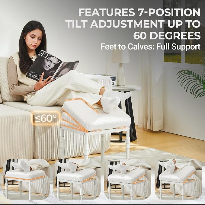 TIOPGHAD Adjustable Ottoman Pouf, 4 Height Position & 60 Degree Tilt Angle Teddy Bear Fleece Ottomans Foot Stools Pouffe Footstool for Under Desk for Living Room Home Office(Beige Fleece)