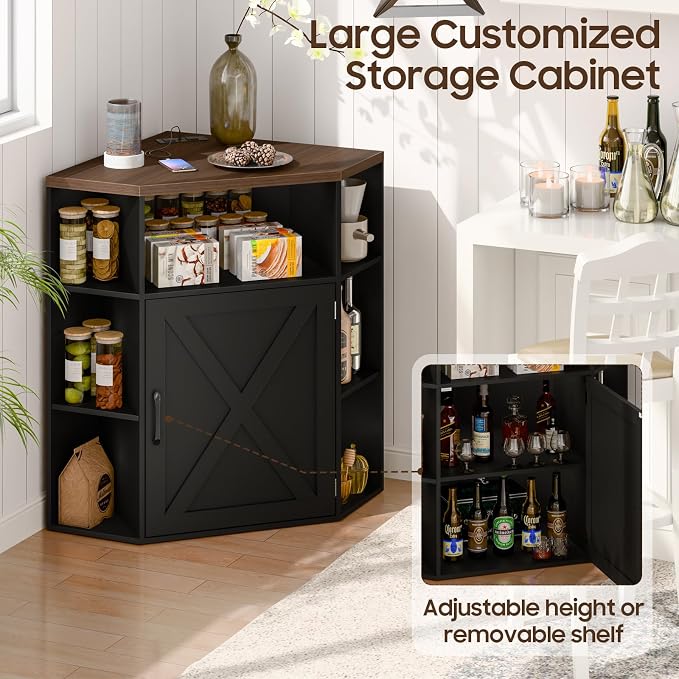 Halitaa Corner Storage Cabinet, Farmhouse Corner Bookshelf with Storage 6-Cubby Wooden Cabinet with USB Ports and Outlets Industrial Organizer for Small Space, Study, Playroom, Black and Brown