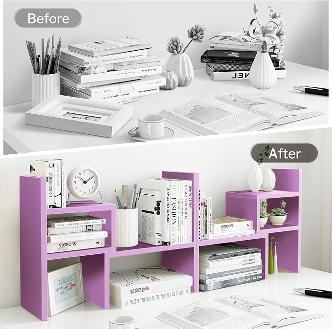 Jerry & Maggie Desktop Organizer Office Storage Rack Adjustable Wood Display Shelf Birthday Gifts Toy Home Decor Free Style Rotation Display True Natural Stand Shelf (Violet/2 Pack)