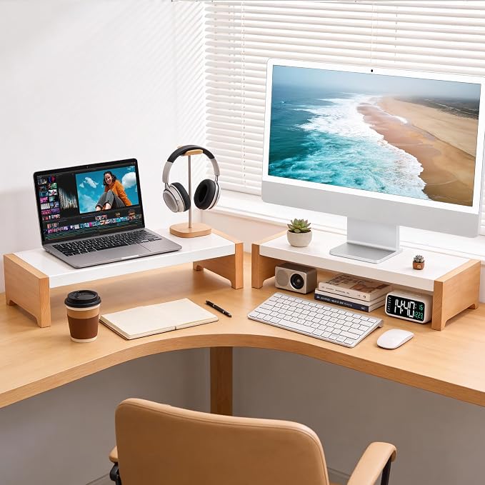 ARCOBIS Monitor Stand Riser, White Metal & Wood Computer Monitor Stand Riser for Desk, Max Load Capacity 40LB