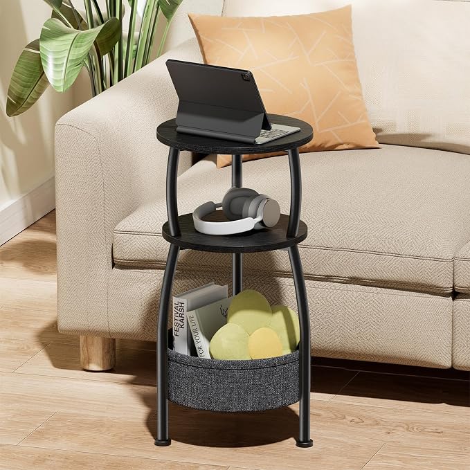 Small Round Side Table for Living Room with Storage Basket –Small Space Saving End Table 3-Tier Accent Nightstand Couch Corner Table for Sofa, Bedroom, Patio and More 24in Tall Classic Black