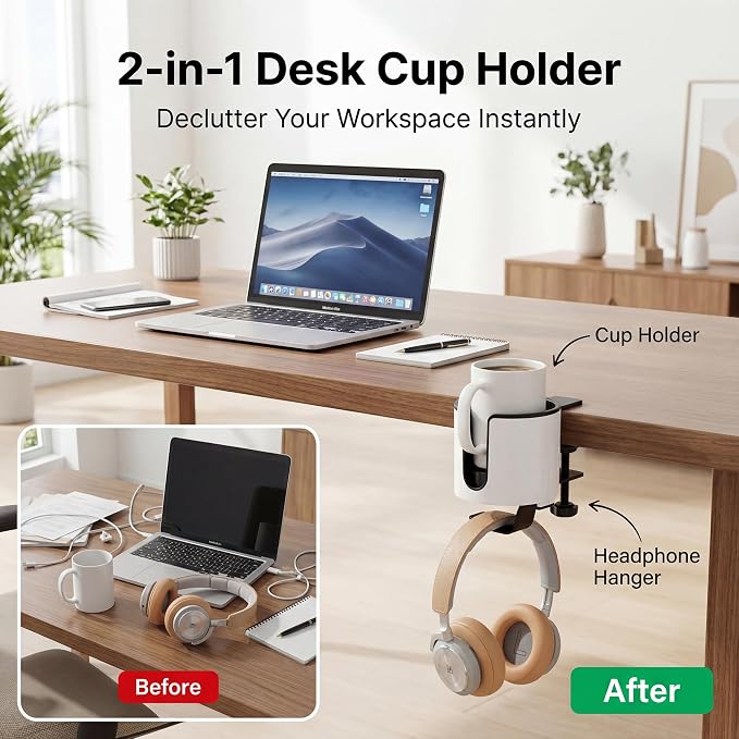 GUNKING Luxury 2-in-1 Anti-Spill Cup Holder with Under Desk Headphone Hanger (White)