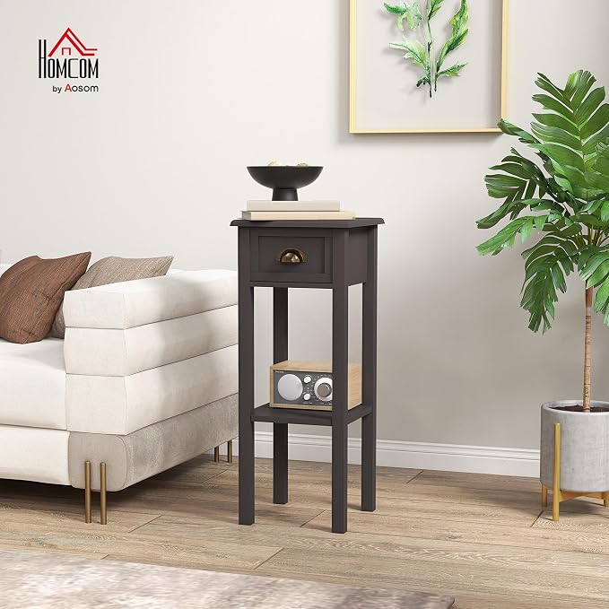HOMCOM Narrow End Table with Drawer and Bottom Shelf, Slim Side Table for Small Spaces, Skinny Modern Accent Desk for Living Room, Set of 1, Coffee