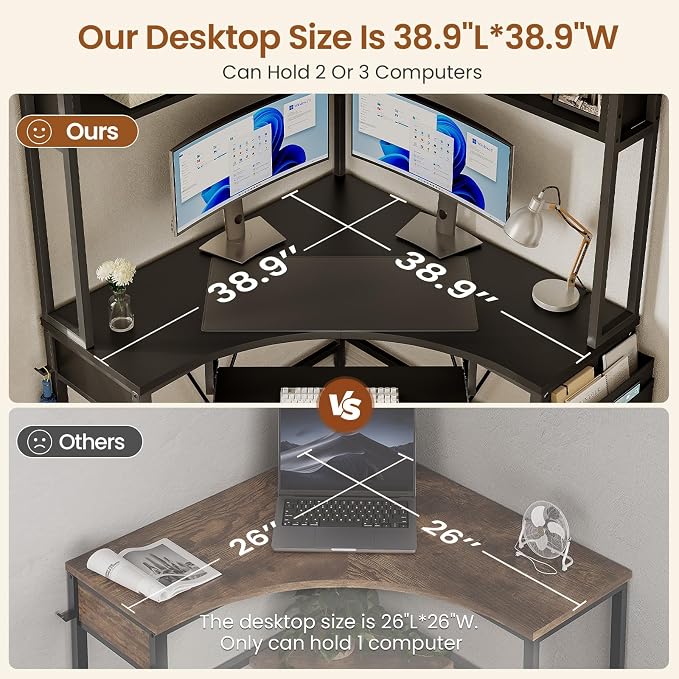 SEDETA Corner Desk, 39" W x 62" H Small Office Desk with Hutch & LED Lights, Triangle Gaming Computer Desk with Keyboard Tray, Storage Bag, and Headphone Hook for Small Space, Black