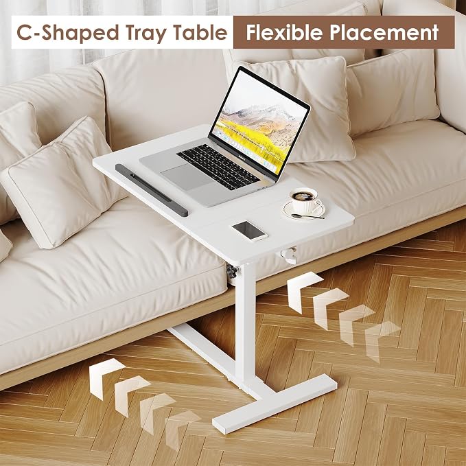 Laptop Desk Bedside Table with Wheels Laptop Stand for Couch Adjustable Tv Tray C End Table, Mobile Sofa Snack Table with Tiltable Top, White