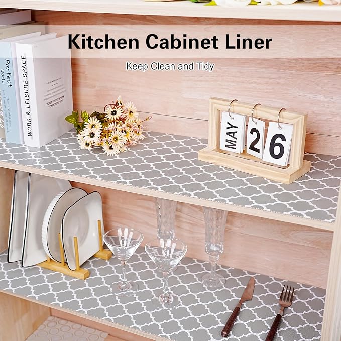 Drawer and Shelf Liner for Kitchen Cabinet,Non-Adhesive Cabinet Liner 18in x 30FT,Waterproof Shelf Paper Non-Slip Mats Cupboard Liners Contact Protect Dresser/Shelves/Table-Grey Lantern
