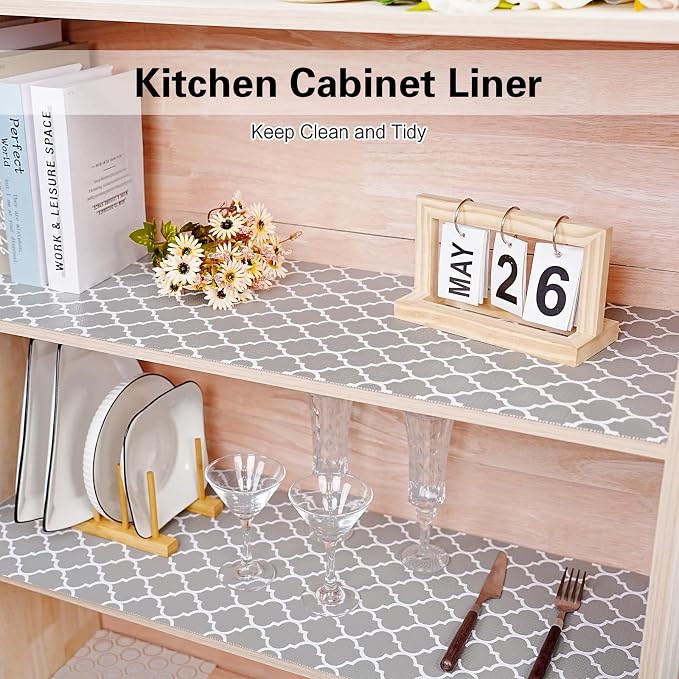 Drawer and Shelf Liner for Kitchen Cabinet,Non-Adhesive Cabinet Liner 24in x 10FT,Waterproof Shelf Paper Non-Slip Mats Cupboard Liner Contact Protect Dresser/Shelves/Table-Square Stripes