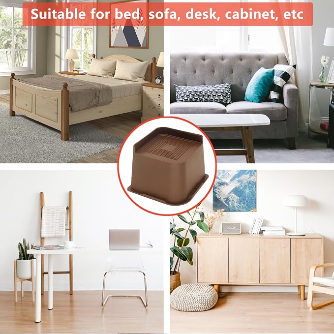 8 Pack Bed Risers 4 inch Heavy Duty Dark Brown, Oversized Furniture Risers, Bed Lifts Risers for Table, Sofa, Chair, Couch, Desk, Bed Frame Risers Supports Up to 6,500 Lbs