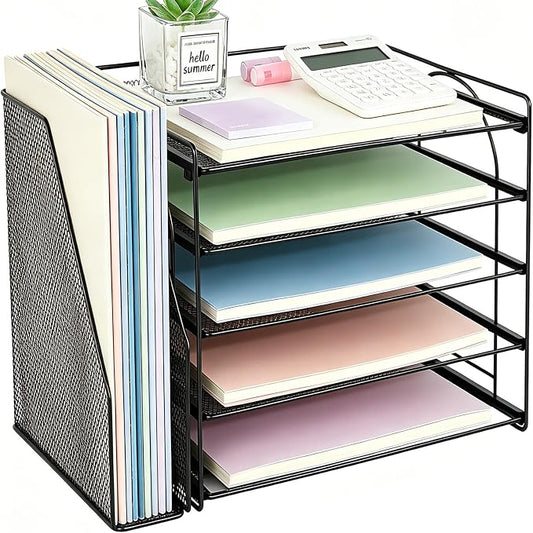 OPNICE Desk Organizers and Accessories, 5-Tier Paper Organizer Letter Tray with Magazine Holder, Office Desk Accessories & Workspace Organizers, Desktop File Organizer for Office Supplies, Black