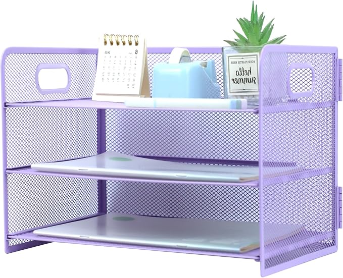 3 Tier Lettrer Tray Organizer with Handle, Metal Mesh Desk File Organizer with Sliding Trays, Paper Sorter Desk for Home Office School, Purple