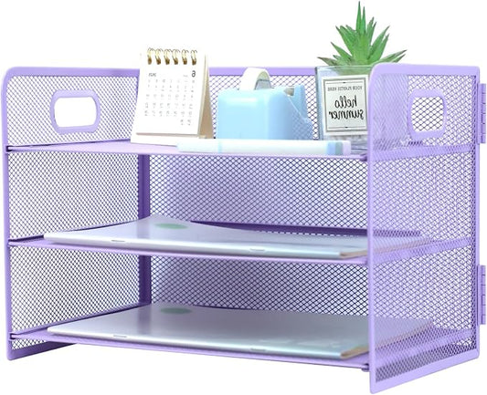 3 Tier Lettrer Tray Organizer with Handle, Metal Mesh Desk File Organizer with Sliding Trays, Paper Sorter Desk for Home Office School, Purple