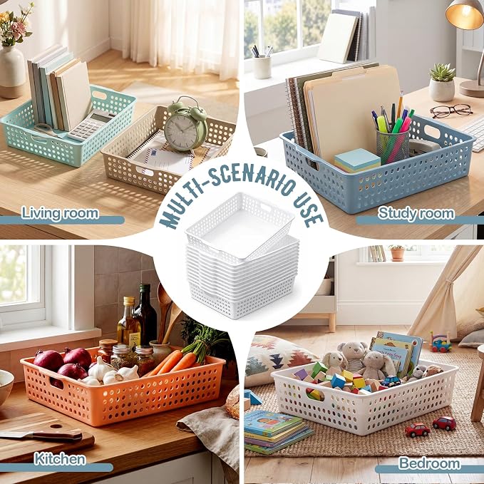 Geetery 6 Pack Classroom Storage Baskets with Handle 14''x10'' Paper Tray Holds A4 Turn in Trays Plastic Paper Baskets Desk Organizer Bin for Classroom, Library, Office, Home (Boho Color)