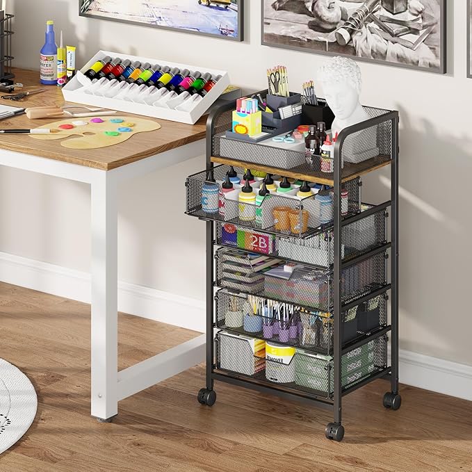 Yociyoga 6-Tier Craft Cart with Wheels-Rolling Storage Cart with Drawers,Rolling Utility Cart with DIY Divider,Art Supply Organizer Cart,Rolling Cart with Drawers,Craft Organizers and Storage,Black