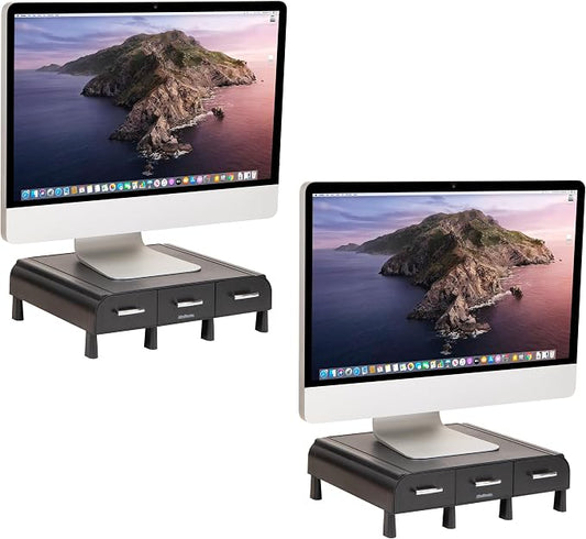 Mind Reader Monitor Stand, 3 Storage Drawers, Desktop Organizer, Riser, Office, 13.5"L x 13"W x 4"H, Set of 2, Black
