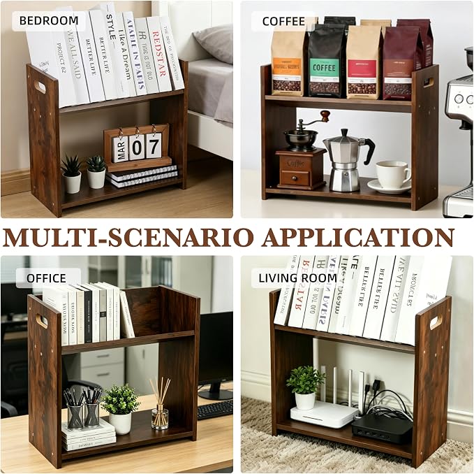 Desktop Bookshelf, 2 Tier Desk Shelf Organizer, Wood Office Tabletop Bookcase, Small Tabletop Book Rack, Portable Mini Bookcase for Book Display, Office, Home, Bedroom, Storage and Display
