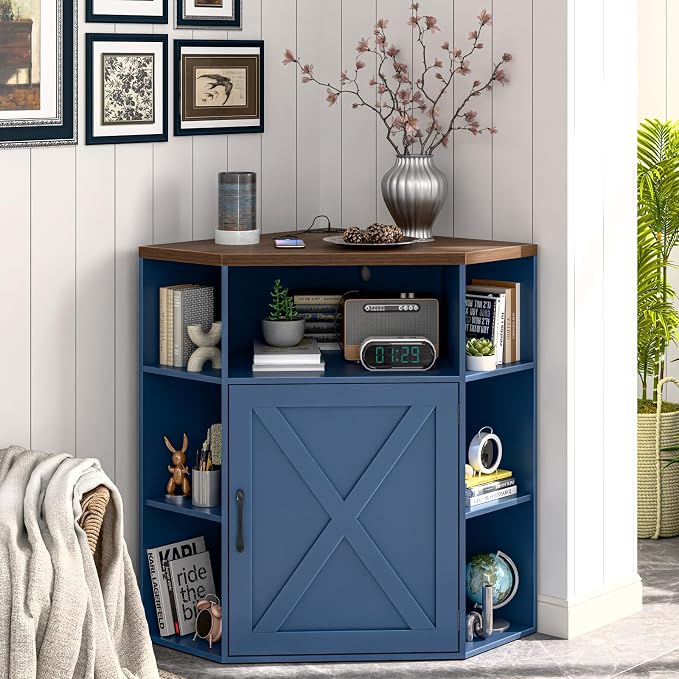 Halitaa Corner Storage Cabinet, Farmhouse Corner Bookshelf with Storage 6-Cubby Wooden Cabinet with USB Ports and Outlets Industrial Organizer for Small Space, Study, Playroom, Blue and Brown