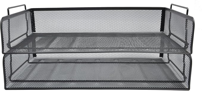 EASEPRES 2 Pack Stackable Desk Paper Tray, Metal Mesh Desktop Document Letter File Organizer for Office Home School, 13.5'' L x 9.75'' W x 5.5'' H, Black