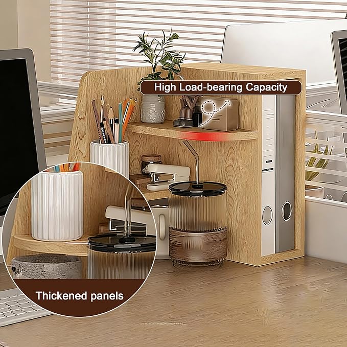 Desktop Corner Stand Shelf 3 Tier Shelf Organizer 15.7in Tall Corner Bookshelf for Small Spaces Wooden Desktop File Organizer Vertical for Home Offices, Bedrooms, and Studies,Natural,40cm