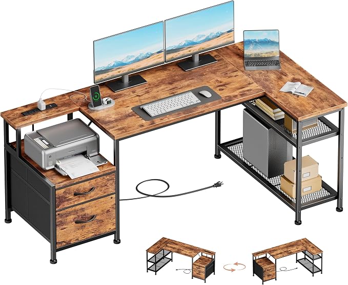 57 Inch L Shaped Computer Desk with Power Outlets, Reversible Home Office Desk with Fabric Drawers, File Cabinet, Printer Table, Metal Storage Shelves, Corner Desk for Small Space, Rusitc Brown