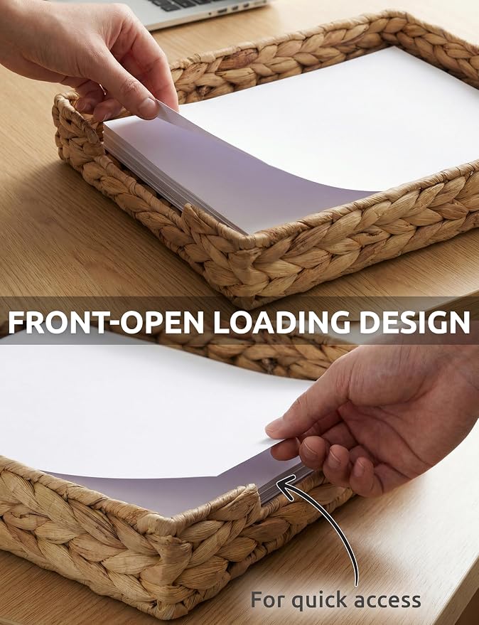Demigo Water Hyacinth File Folder Holder - Desk Organizer for Letter Paper, Mail, A4 File - Sturdy Woven Letter Tray, Paper Basket with Metal Frame, Office Decor & Magazine Sorter