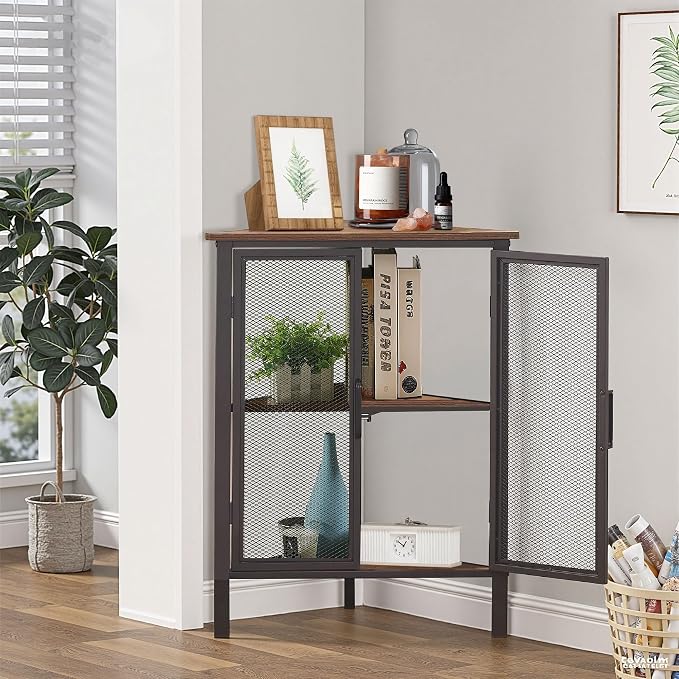 VECELO 3-Tier Corner Table,Cabinet with Mesh Door,Corner Shelf Stand,Metal Frame Storage Shelf Organizer Display Shelves for Wall Corner,Living Room,Bedroom Kitchen,Bathroom