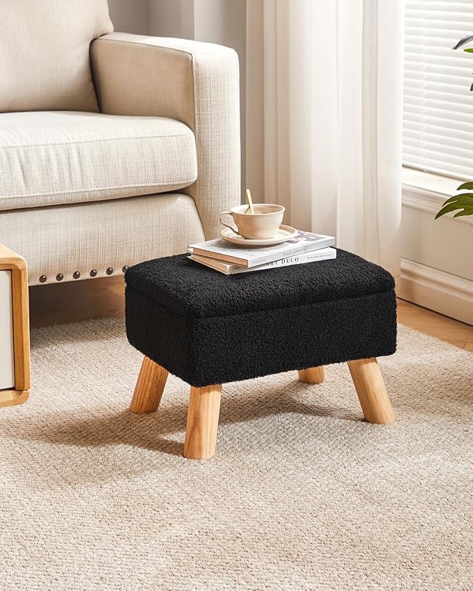 YMYNY Storage Ottoman,Small Foot Stool, 15.75"×11.81"×11.02" Black,HBD042B | Teddy Velvet,Sturdy Wood Legs, Foot Rest With Padded Seat, For Living Room Bedroom Couch Entryway