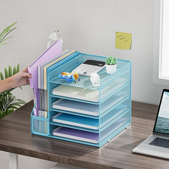 Marbrasse Desk Organizers and Accessories, 5-Tier Paper Letter Tray Organizer with File Holder, Mesh File Organizer, Office Desk Accessories & Organization for Supplies (Blue)