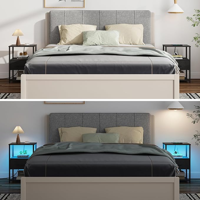 TUTOTAK LED Nightstand Set of 2, Night Stand with Charging Station, End Table, Bedside Table with Fabric Drawer, Side Table for Livingroom and Bedroom, Black TB01BK0692L